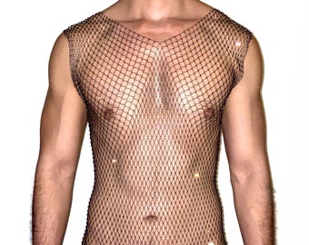 Black Bling Rhinestone Crystal Mesh Tank Top, See Through Fishnet Unisex Design