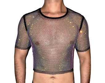 Rhinestone Mesh Crop Top T-Shirt [Crew Neck] Premium A/B Rainbow Crystal, Sexy Diamond Top for Men / Women, Perfect Bling Party Outfit