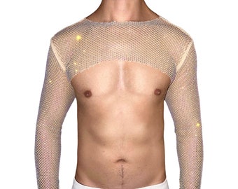 Premium Large Rhinestone Mesh Long Sleeves Crop Top [Crew Neck] Premium A/B Rainbow Crystal, Sexy Sleeveless Top for Men /Women