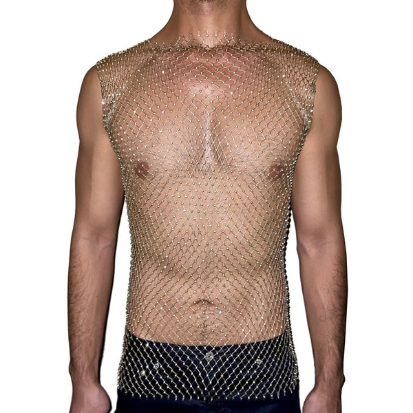 Gold Bling Rhinestone Crystal Mesh Tank Top, See Through Fishnet Unisex Design