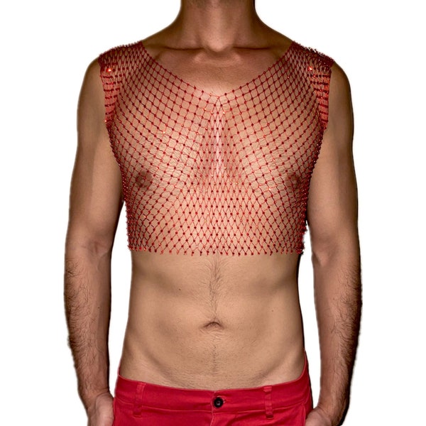 Crop top rouge Bling en maille cristal strass, transparent résille design unisexe