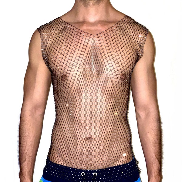 Black Bling Rhinestone Crystal Mesh Tank Top, See Through Fishnet Unisex Design