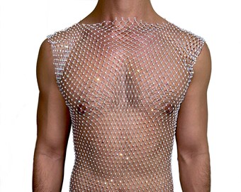 White Bling Rhinestone Crystal Mesh Tank Top, See Through Fishnet Unisex Design for Men and Women