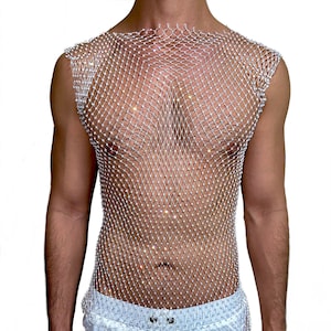 White Bling Rhinestone Crystal Mesh Tank Top, See Through Fishnet Unisex Design for Men and Women