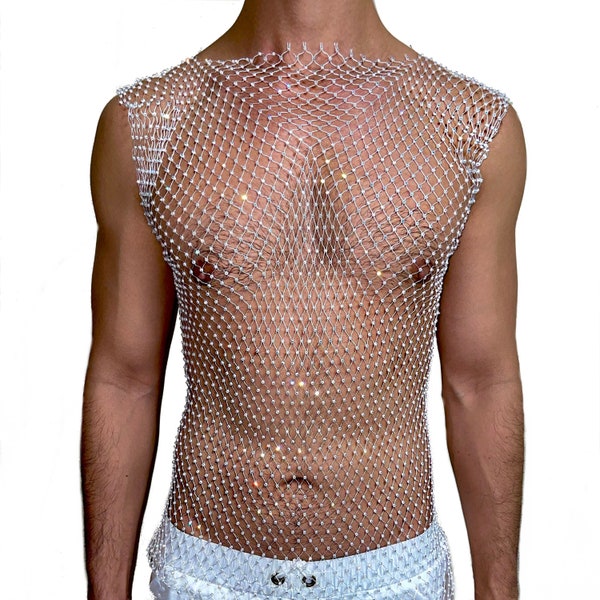 White Bling Rhinestone Crystal Mesh Tank Top, See Through Fishnet Unisex Design for Men and Women