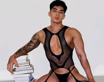 ARMOUR Black Stretchy Mesh Bodysuit/Fishnet Body Stocking for Men/Women