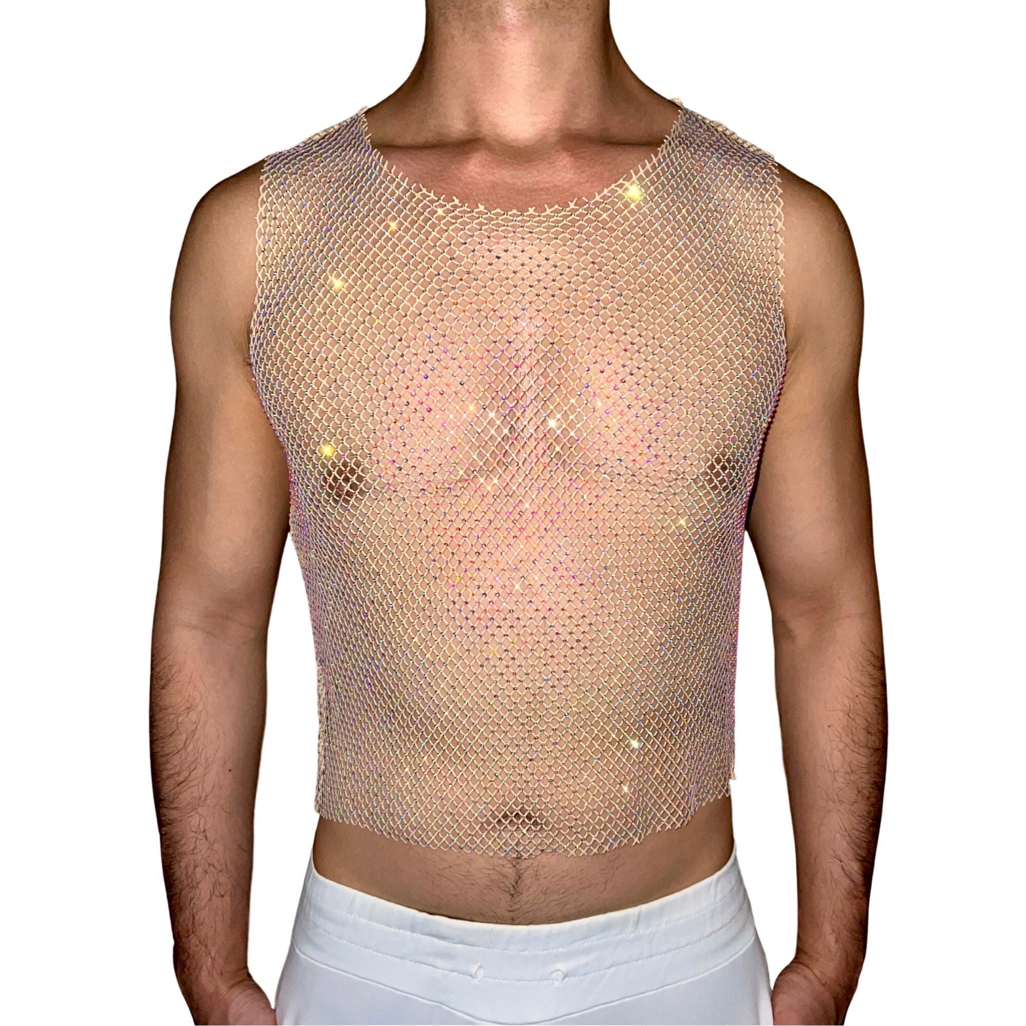 Premium A/B Rhinestone Raw Cut Nude Mesh Tank Top crew Neck Perfect for  Rave Parties, Circuit Party, EDC, EDM -  Canada