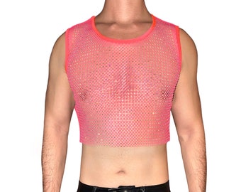 Neon Pink Premium Rhinestone Mesh Crop Top [Crew Neck] Premium A/B Rainbow Crystal, Sexy Sleeveless Top for Men /Women