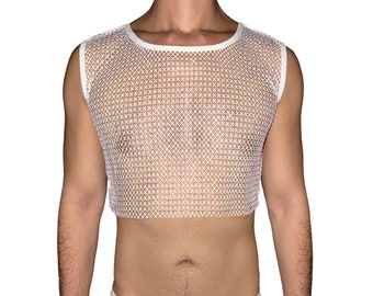 New White Premium Large Rhinestone Mesh Crop Top [Crew Neck] Premium A/B Rainbow Crystal, Sexy Sleeveless Top for Men /Women