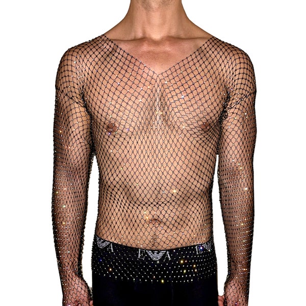 Silber Strass Kristall Mesh Lange Ärmel Top, Unisex Design Perfekt für Rave Parties, Stromkreis, EDC, EDM