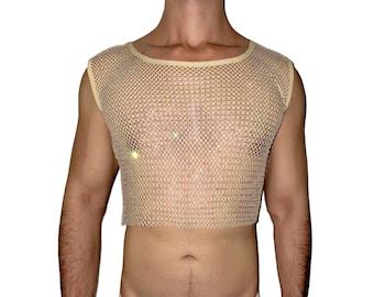 Beige Champagne Premium Rhinestone Mesh Crop Top [Crew Neck] Premium A/B Rainbow Crystal, Sexy Sleeveless Top for Men /Women