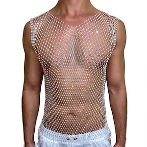 White Bling Rhinestone Crystal Mesh Tank Top, See Through Fishnet Unisex Design for Men and Women V Neck