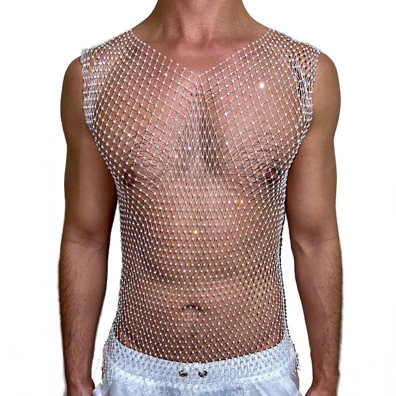 White Bling Rhinestone Crystal Mesh Tank Top, See Through Fishnet Unisex Design for Men and Women V Neck