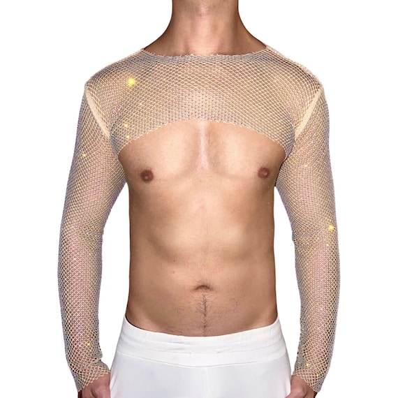 Premium Large Rhinestone Mesh Long Sleeves Crop Top crew Neck Premium A/B  Rainbow Crystal, Sexy Sleeveless Top for Men /women 