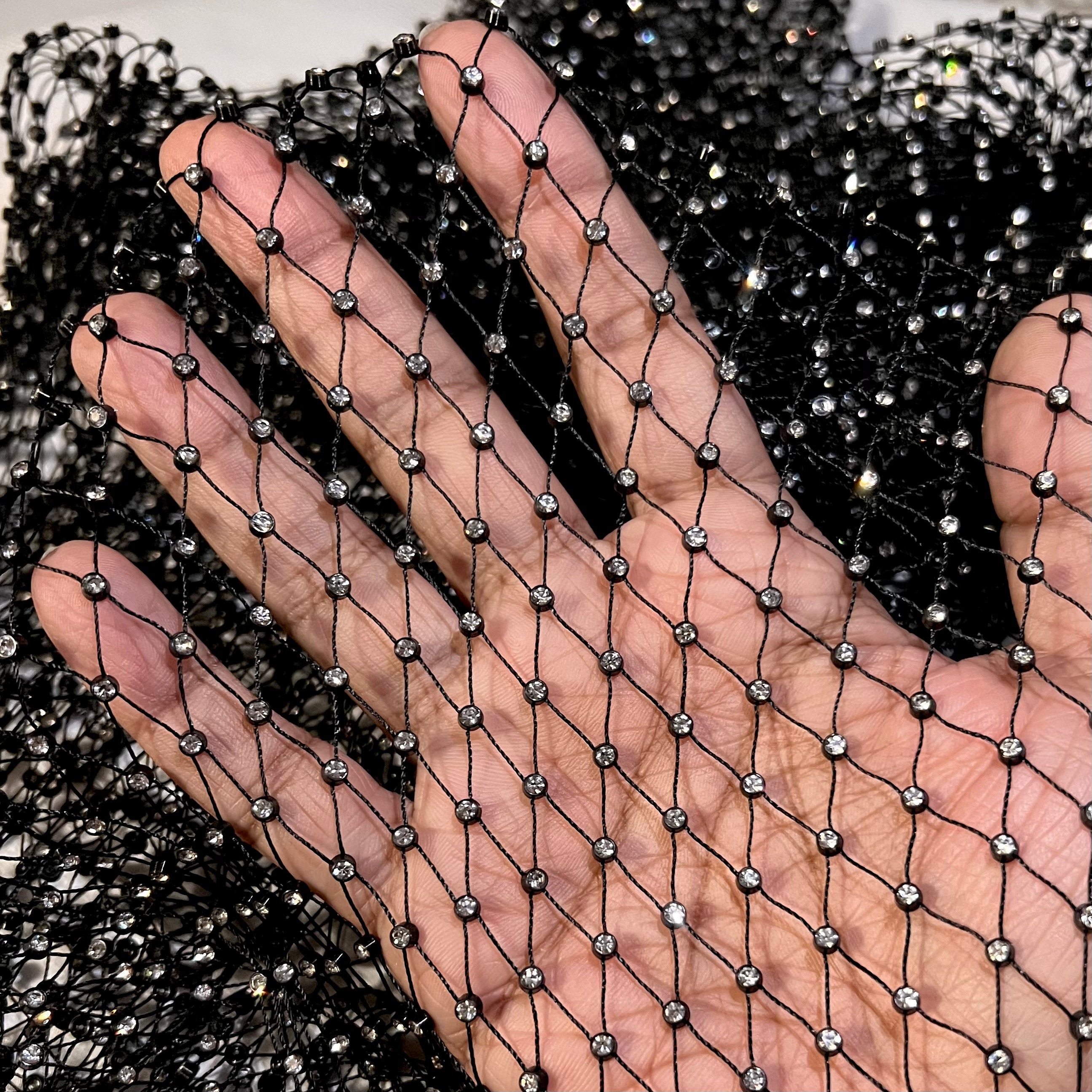 Black Bling Rhinestone Crystal Mesh Tank Top, See Through Fishnet
