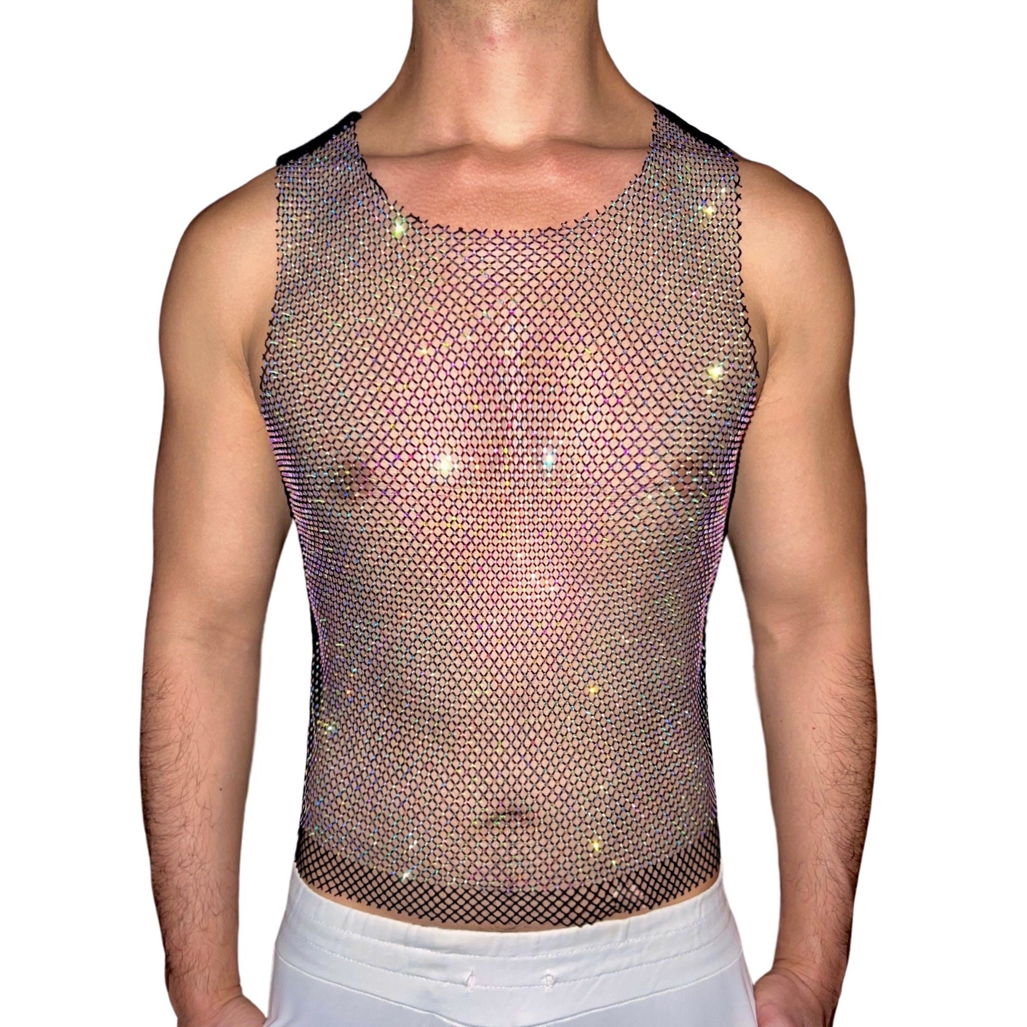 Raw Cut Mesh Rhinestone Tank Top for Men/women crew Neck Perfect for Rave  Party, Circuit Party, EDC, EDM 