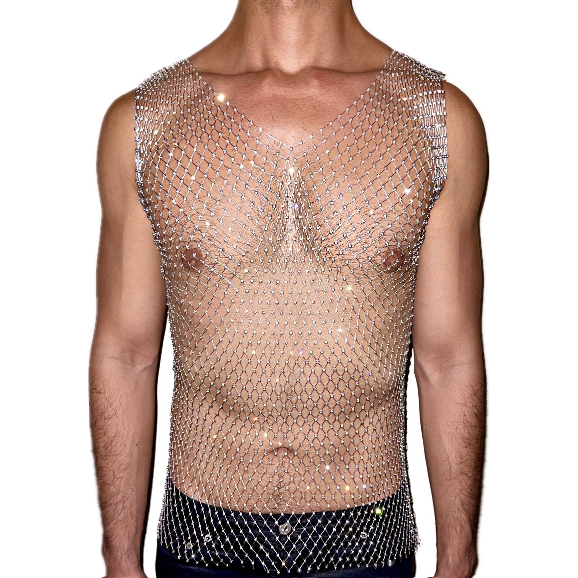 Silver Bling Rhinestone Crystal Mesh Tank Top, See Through Fishnet