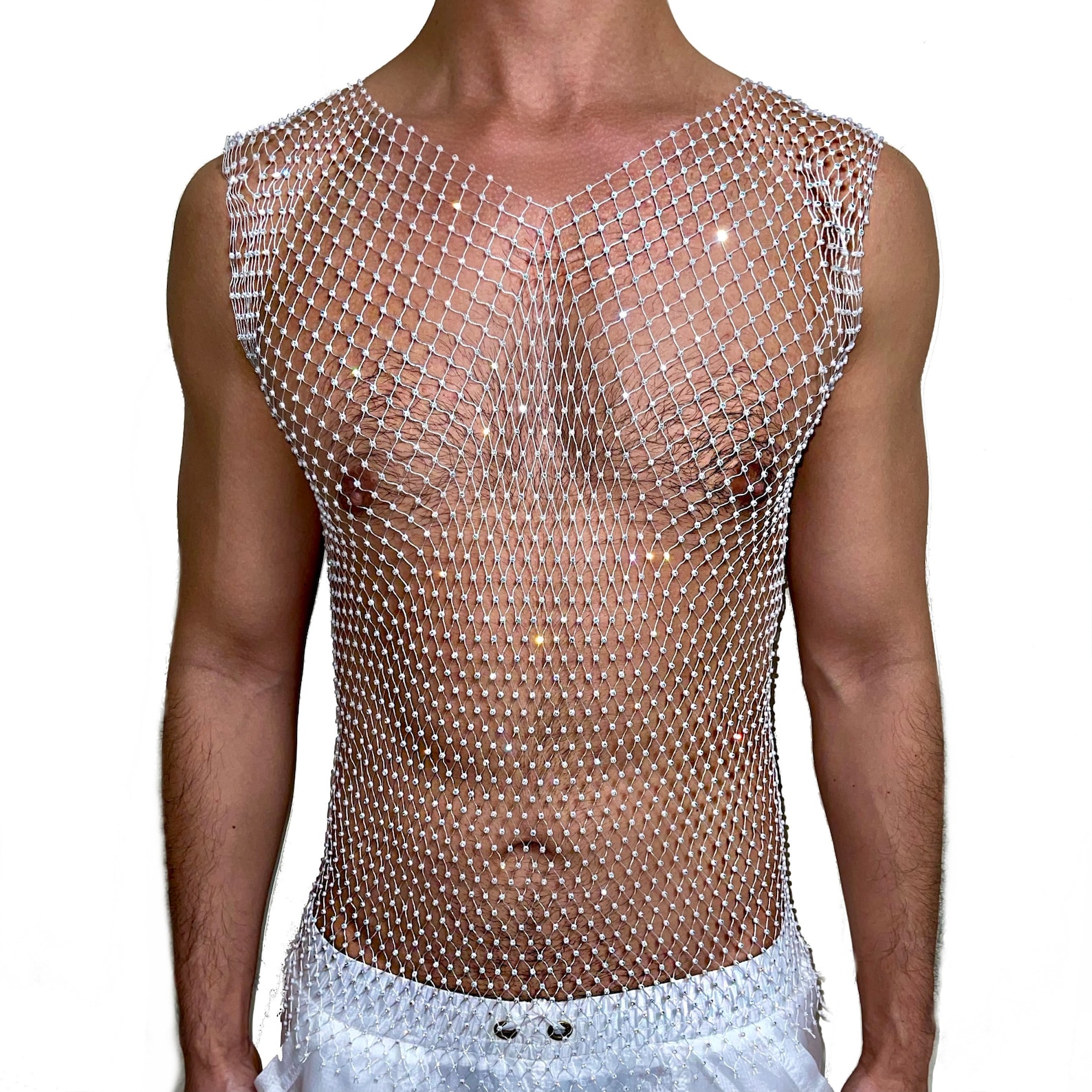 Men Rhinestone White Mesh Tank Top V Neck Sexy See Etsy