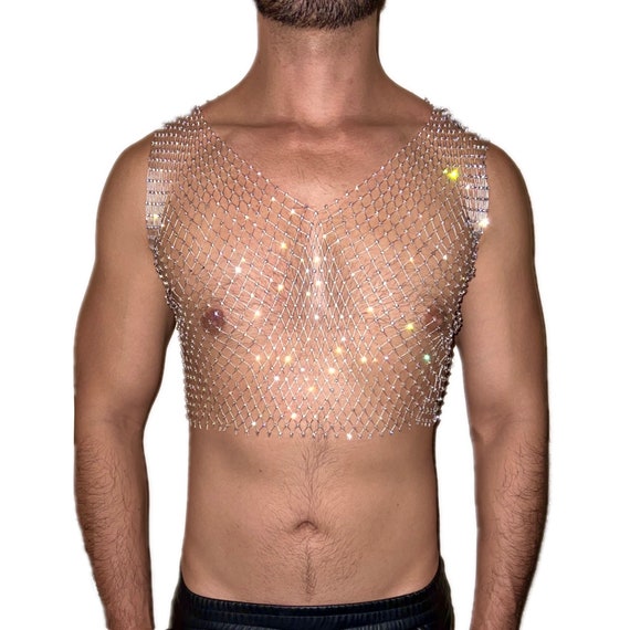 Silver Bling Rhinestone Crystal Mesh Crop Top, See Through Fishnet Unisex  Design 