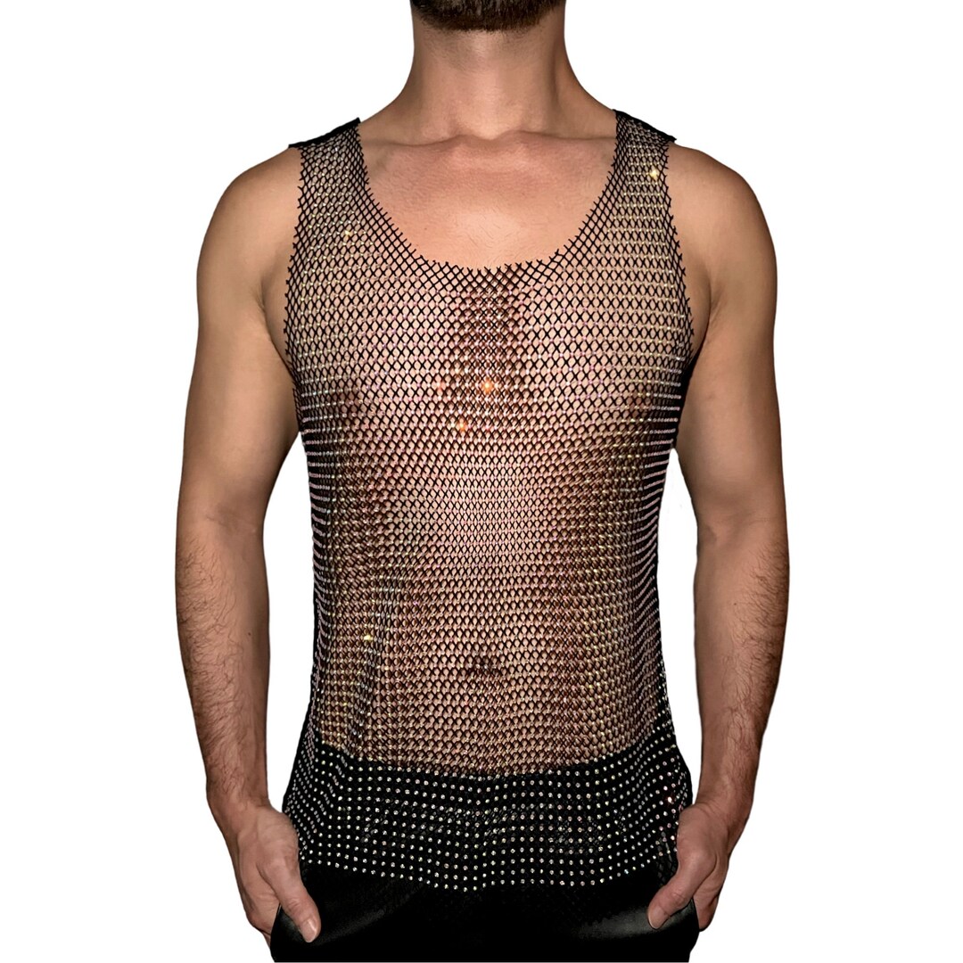 Rhinestone Black Mesh Classic Raw Cut Tank Top crew Neck Premium A/B