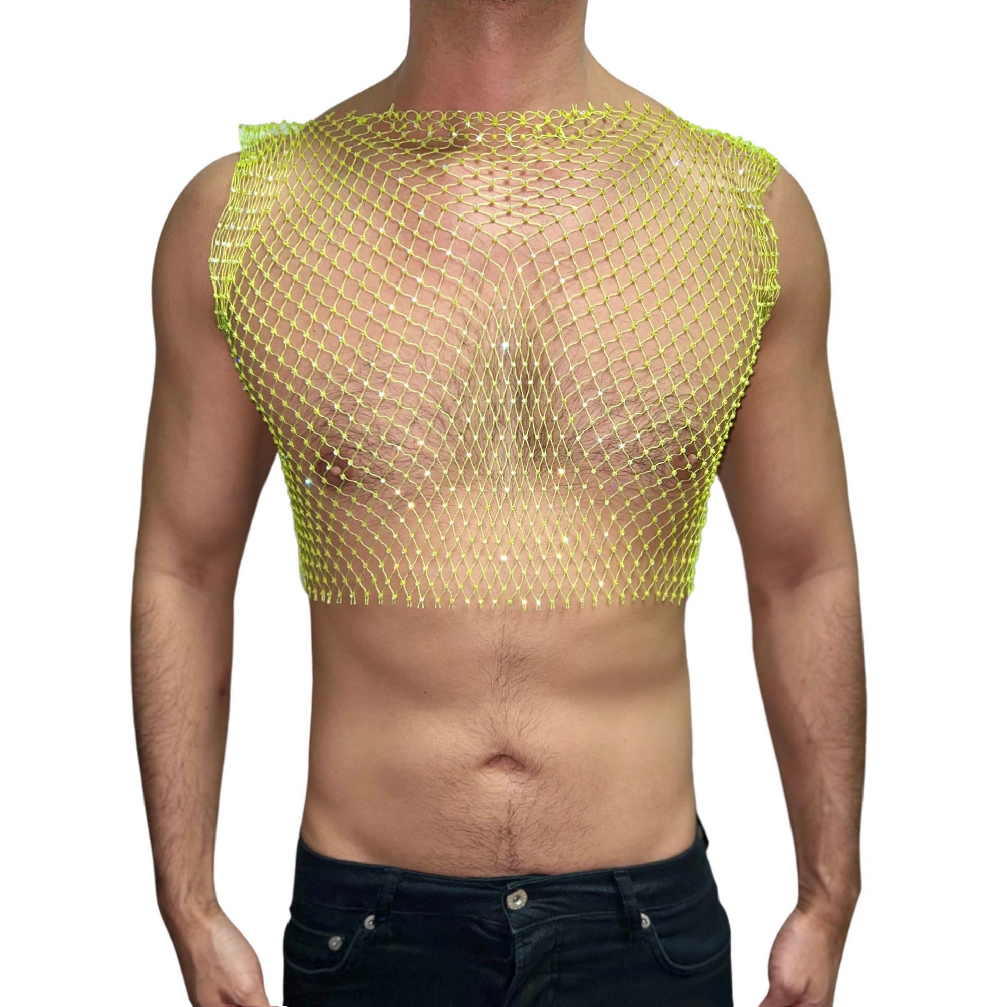 Neon Green Bling Rhinestone Crystal Mesh Crop Top, See Through