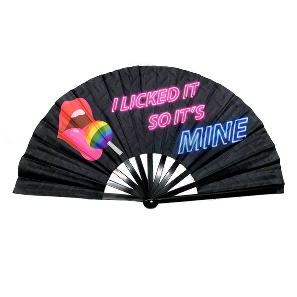 I licked it so its mine clack Fan Festival large hand fan Fluorescent UV reactive fans UV glow Lust lips rave fan Blacklight hand fan