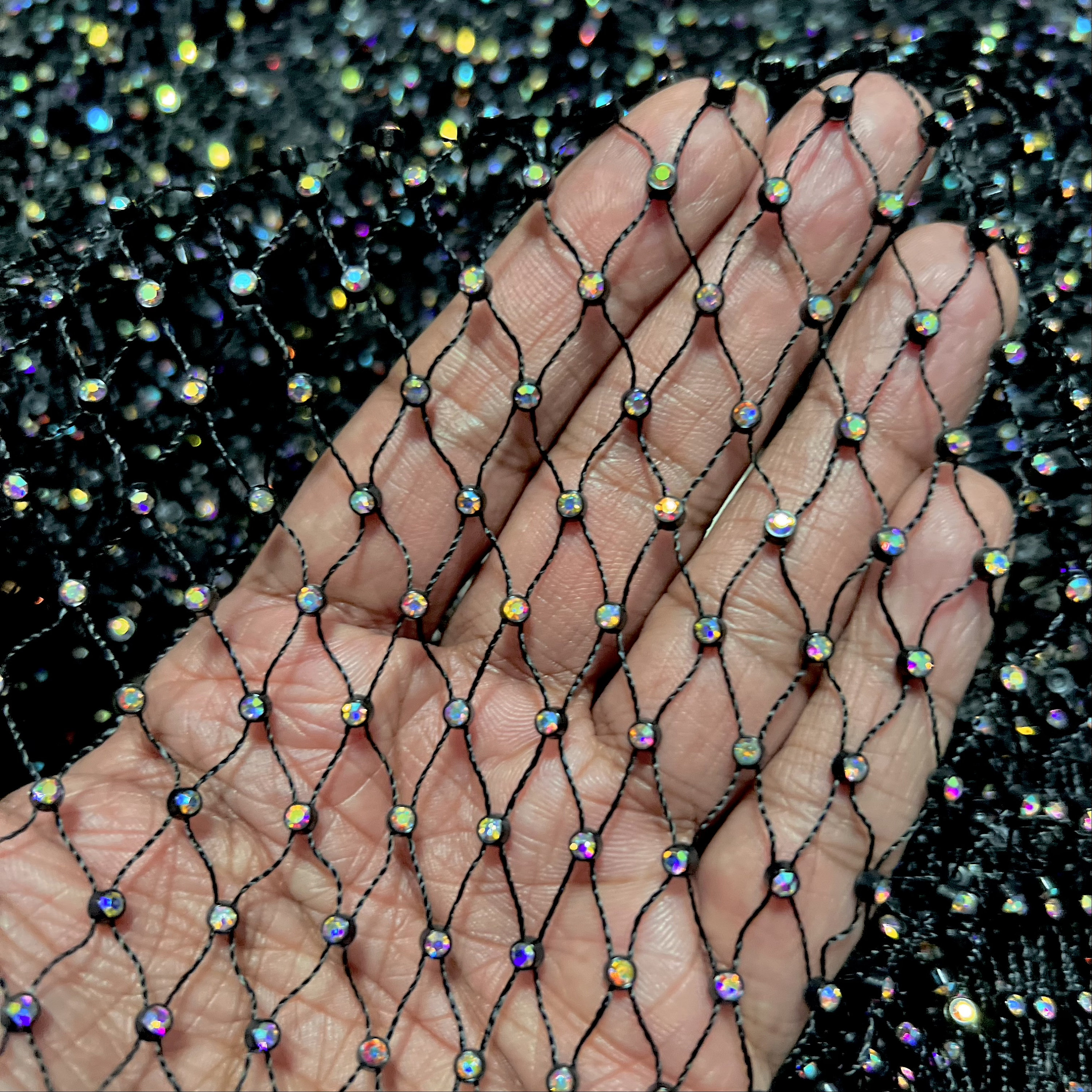 Black Mesh Bling Silver Rhinestone Crystal Mesh Crop Top, See Through  Fishnet Unisex Design 