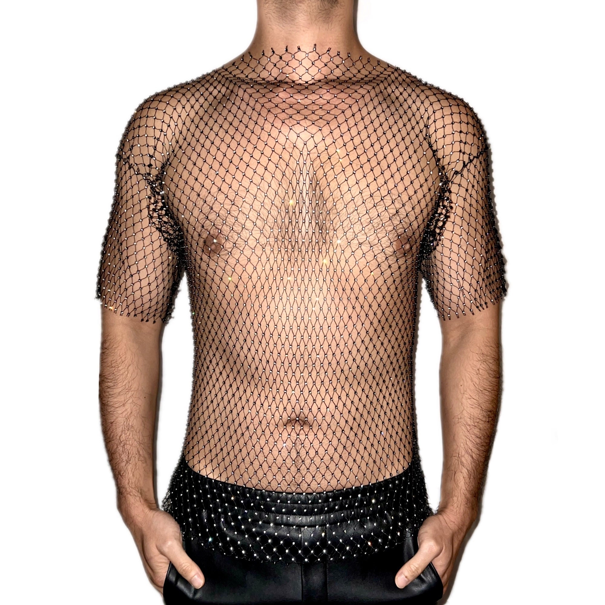 Black Rhinestone Crystal Mesh Unisex Fishnet T-shirt, Perfect for Rave  Parties, Circuit Party, EDC, EDM 