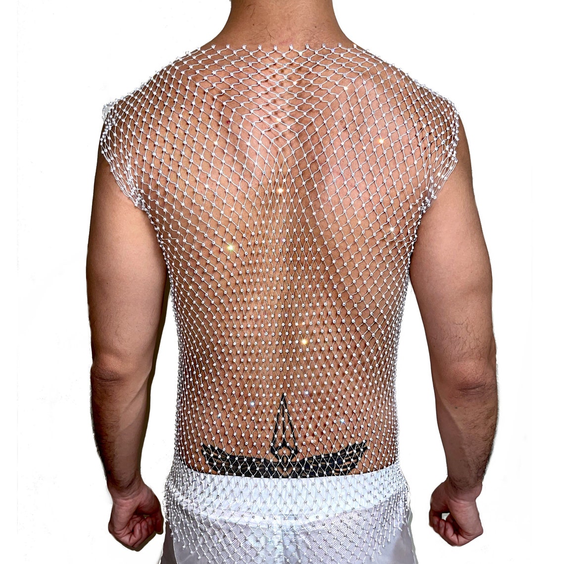 Men Rhinestone White Mesh Tank Top V Neck Sexy See Etsy