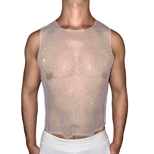 Premium A/B Rhinestone Raw Cut Mesh Tank Top [Crew Neck] Perfect For Rave Parties, Circuit Party, EDC, EDM