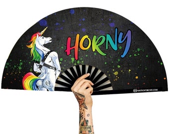 Horny Unicorn clack Fan Festival large hand fan Fluorescent UV reactive fans UV glow Rainbow rave fan Blacklight hand fan