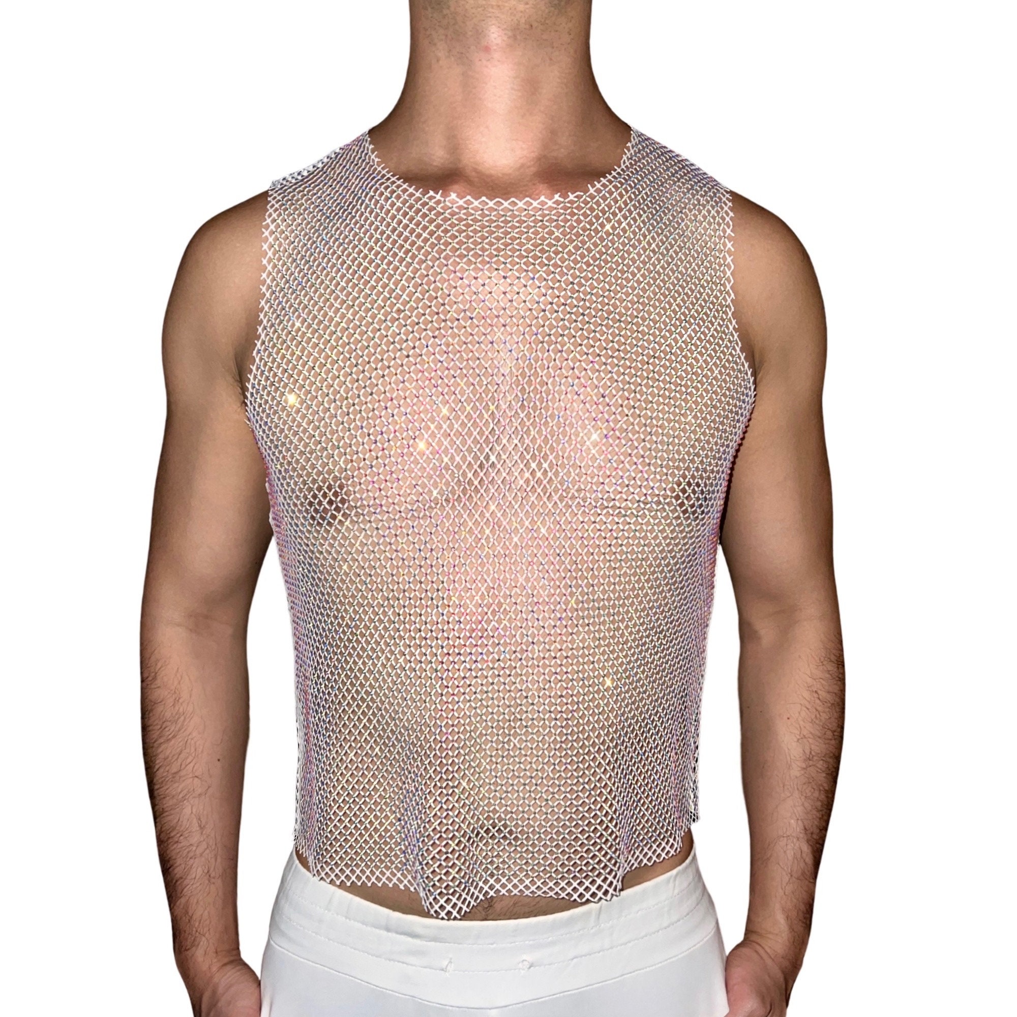 Raw Cut Mesh Rhinestone Tank Top for Men/women crew Neck Perfect for Rave  Party, Circuit Party, EDC, EDM 