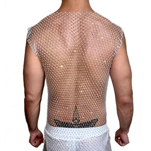 White Bling Rhinestone Crystal Mesh Tank Top, See Through Fishnet Unisex Design for Men and Women image 3