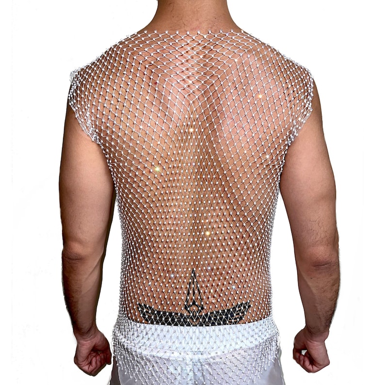 Débardeur blanc en maille cristal strass et strass, design unisexe transparent en résille pour homme et femme image 3