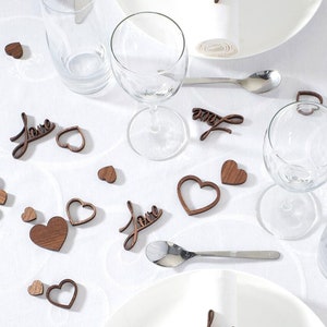 TABLE DECORATION made of wood + scatter decoration made of hearts for weddings + table decoration for lovers