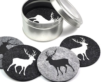 Posavasos de fieltro con diseño de ciervo | 4 posavasos redondos de fieltro | Fieltro de lana natural | Motivo de ciervo | Decoración de mesa | Lana merino