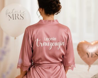 Bride Maid of Honor Wedding & Hen Party Kimono Satin with Lace Personalized Robe with Name in Champagne Pink Light Blue Gift