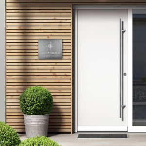 May include: A gray slate sign with a compass and the text "HEIMATHAFEN N 48&deg;18'12" O 11&deg;34'31"". The sign is mounted on a wooden wall with a white door to the right.