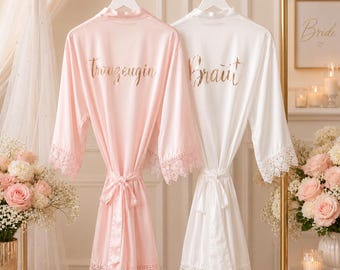 Bride Maid of Honor Wedding Personalized Kimono Bridesmaid Mother of the Bride, Satin Dressing Gown Lace, Bride Robe Bachelorette Getting Ready