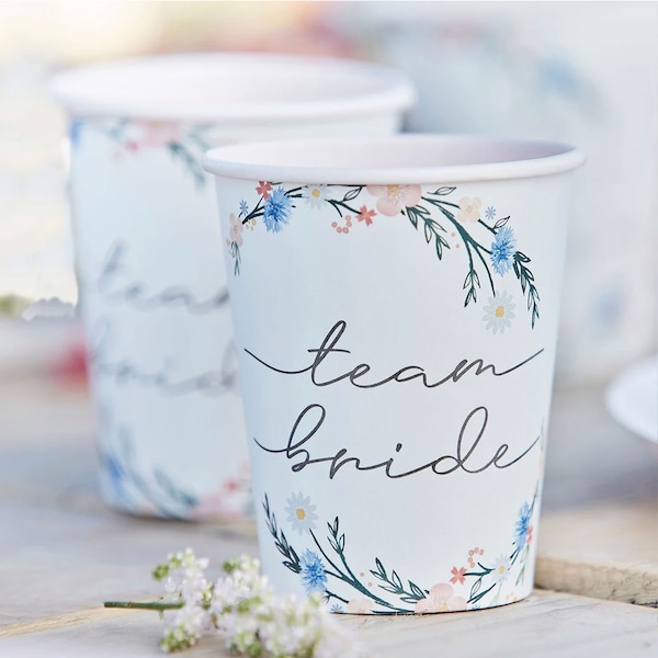 Becher Boho Team Bride | Florale Pappbecher für JGA & Brautparty | Tischdeko im Boho-Stil | Partybecher für Junggesellinenabschied