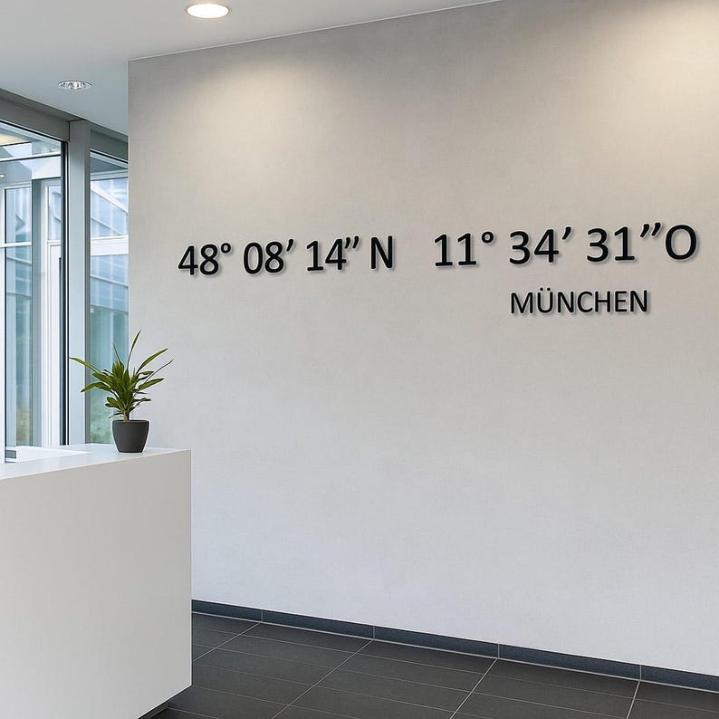 Custom coordinates wall decoration made of acrylic glass | Personalized coordinates 3D lettering, self-adhesive | Wall decoration with location and GPS data image 2