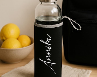 Personalized 750ml glass water bottle with name, black neoprene sleeve, gift for women, BPA-free