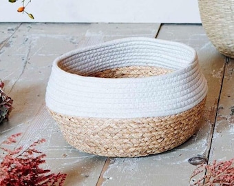 Panier de rangement en jonc de mer et coton, panier décoratif tressé, panier rond de style Boho