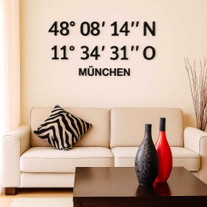 Custom coordinates wall decoration made of acrylic glass | Personalized coordinates 3D lettering, self-adhesive | Wall decoration with location and GPS data image 3