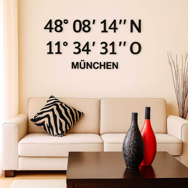Custom coordinates wall decoration made of acrylic glass | Personalized coordinates 3D lettering, self-adhesive | Wall decoration with location and GPS data image 3
