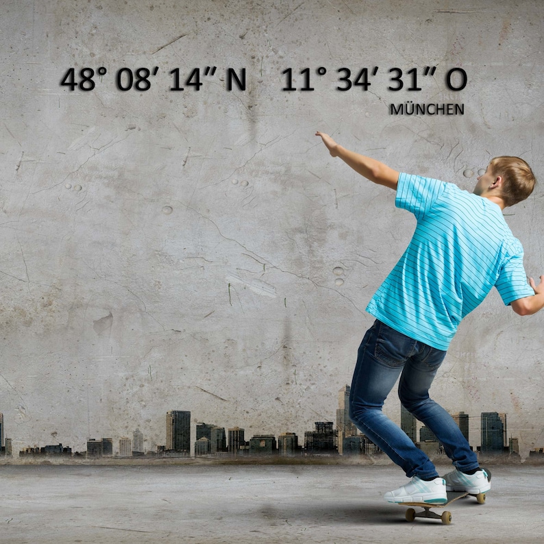 May include: A person on a skateboard in front of a concrete wall with a city skyline in the background. The wall has the coordinates 48&deg; 08&prime; 14" N 11&deg; 34' 31" O and the word M&Uuml;NCHEN written below.