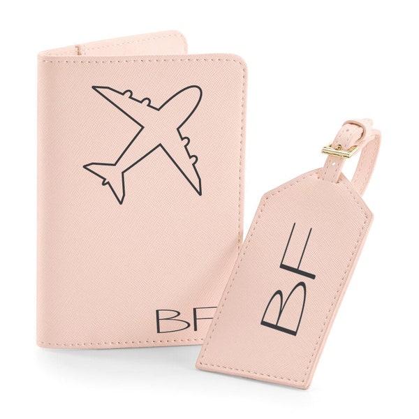 Travel-Set mit Monogramm, Personalisiertes Reise-Set, Reisepass-Hülle mit Gepäckanhänger, Passport-Cover mit Initialen & Flugzeug