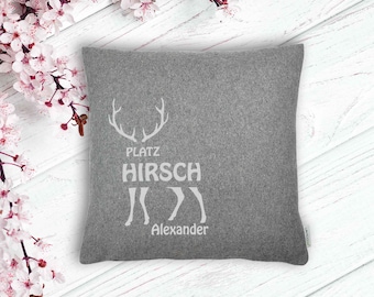 Cojín decorativo de fieltro "Platzhirsch" | Cojín de fieltro personalizado | Cojín decorativo con el nombre deseado | Ciervo | Estampado aterciopelado | 40 x 40 cm