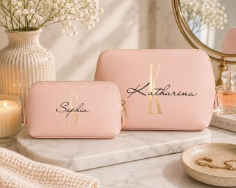 Elegant faux leather makeup bag with gold zipper – Personalized toiletry bag with initial & desired name