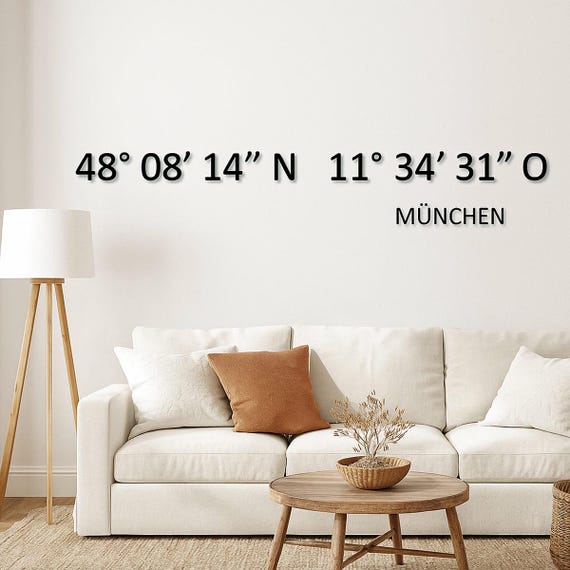 Wunschkoordinaten Wanddeko aus Acrylglas | Personalisierte Koordinaten 3D Schriftzug selbstklebend | Wanddekoration mit Ort und GPS Daten